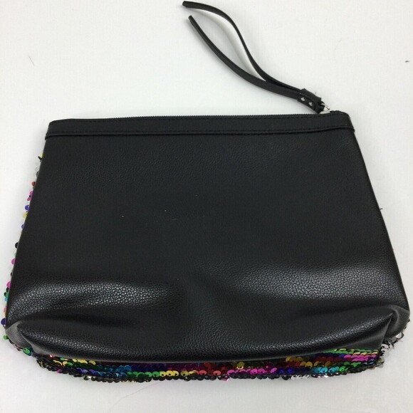 Victoria's Secret Black Silver Rainbow Sequin Makeup Cosmetic Bag Pouch Wristlet - Picture 2 of 7